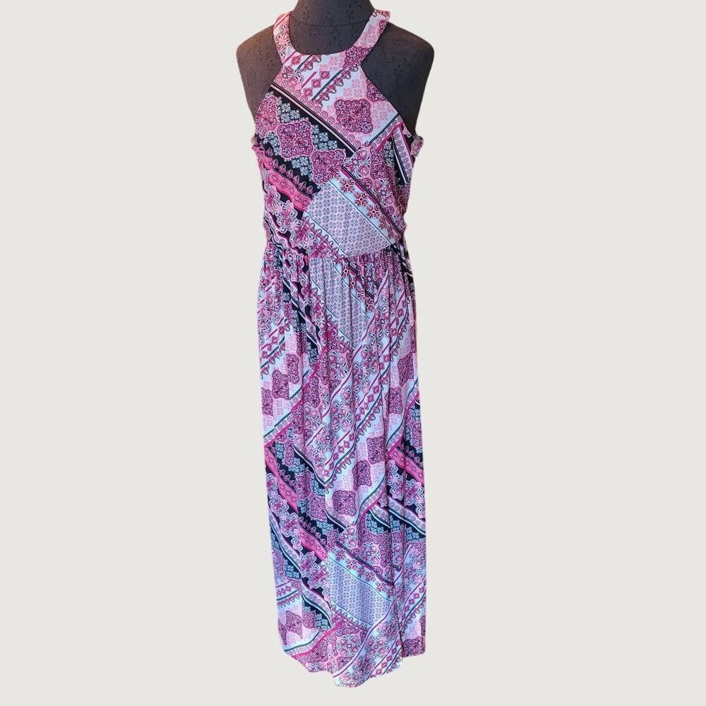 Trixxi Womens Halter Maxi Dress Patchwork Print Black/Pink/White S NWT